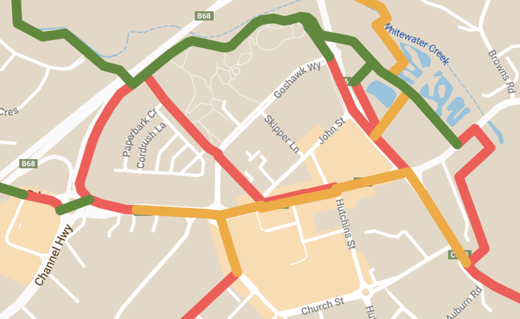 Map showing green, orange and red lines indicating bike paths in the Kingborough CBD.