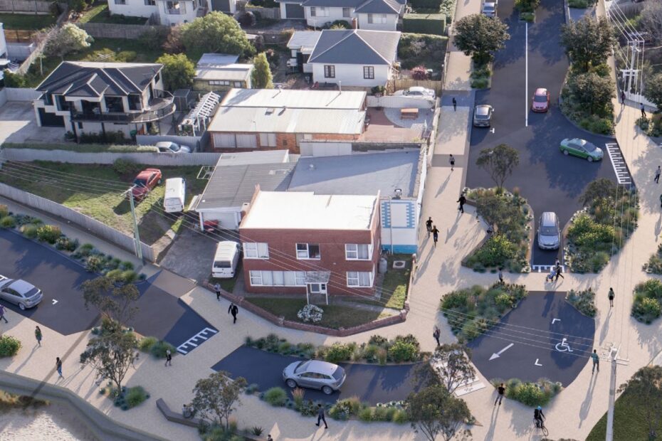 An artist's impression showing a view looking down on the intersection of Queen Street with Victoria Esplanade near Bellerive Beach There are wide footpaths, pedestrian crossings, a disability park, traffic calming features like pinchpoifnts and lots of greenery. There are lots of people walking, a person riding a bike and several cars.