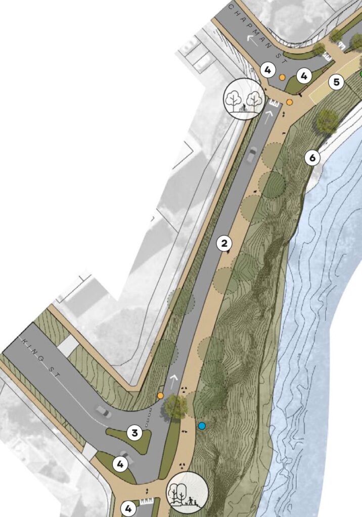 A map showing planned improvements to Victoria Esplanade near King and Chapman Streets.