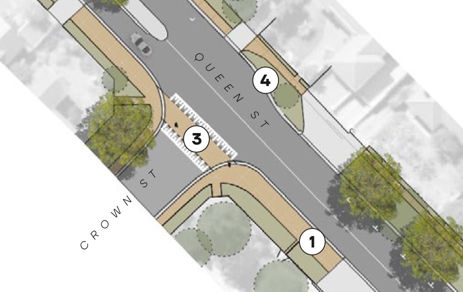 A diagram showing Queen Street from above. There's a wide footpath along one side. There's a T junction with another street labelled Crown Street. A raised continuous footpath continues the Queen Street shared path across Crown Street.