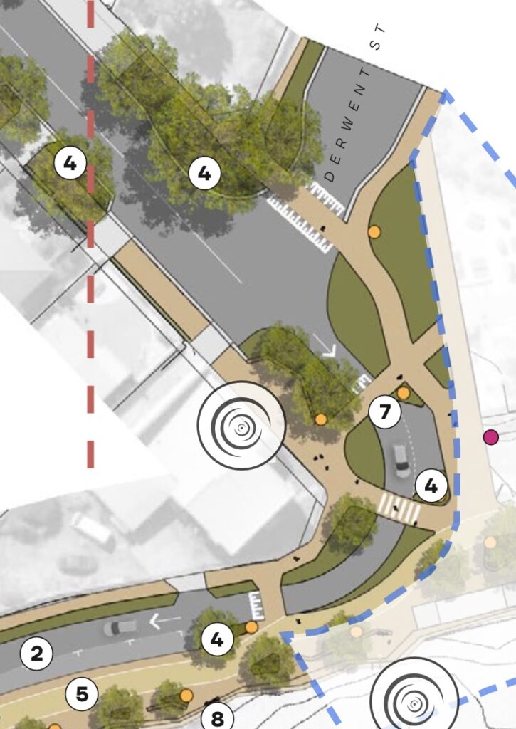 A diagram showing three streets intersecting from above. There's wide footpaths, multiple raised pedestrian crossings and the road is narrowed to one lane at points. There's lots of greenery.