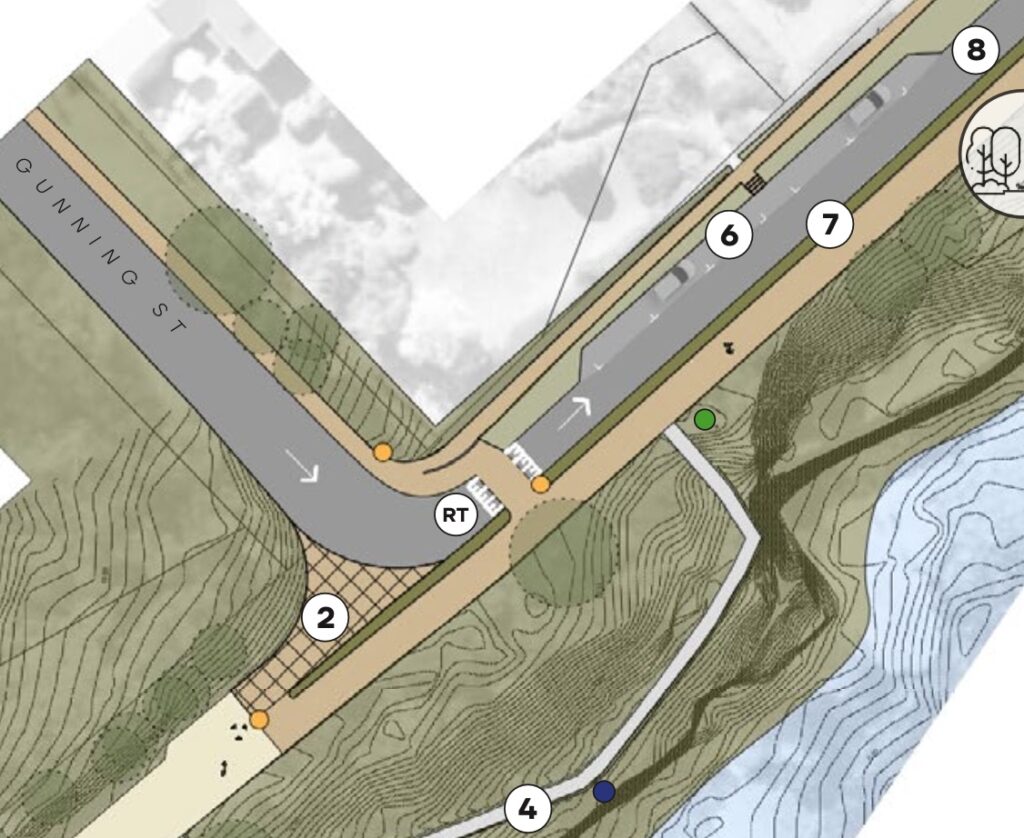 A map showing planned improvements to Victoria Esplanade near Gunning Street including a wider shared path and the closure of Bluff Road.