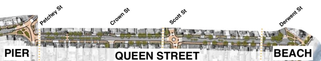 A map of Queen Street from the pier on the left to the beach on the right. Cross streets are marked left to right: Petchey, Crown, Scott and Derwent Streets.