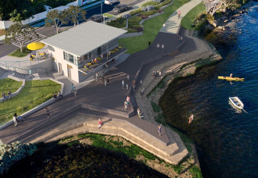 An artists impression showing a view looking down on the pavilion on Victoria Esplanade near King Street.