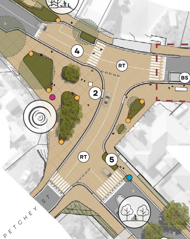 A diagram showing three streets intersecting from above. There's wide footpaths, multiple pedestrian crossings and the entire intersection is an elevated table.