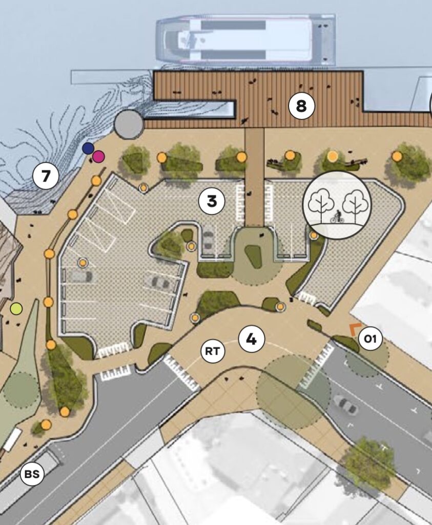 A map showing a ferry terminal, wide paths, pedestrian crossings, a bus stop, a car park and a street.