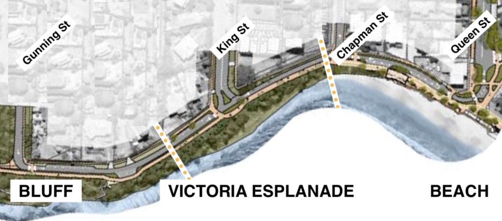 A map of VICTORIA ESPLANADE from the bluff on the left to the beach on the right. Cross streets are marked left to right: Gunning, King, Chapman and Queen Streets.