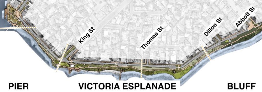 A map of Victoria Esplanade from the pier on the left to the bluff on the right. Cross streets are marked left to right: King, Thomas, Dillon and Abbott Streets.