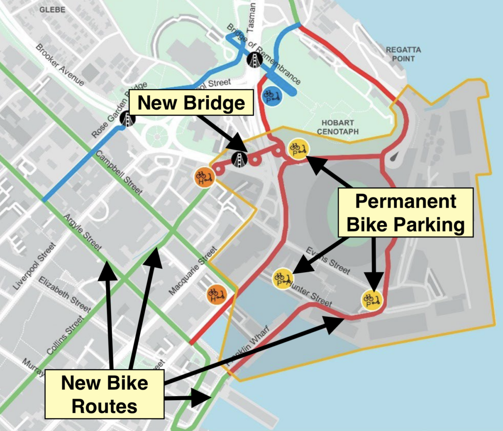 Map of the area around Macquarie Point, site of the planned new Hobart stadium. The maps shows the sites of planned active transport infrastructure including a bridge, bike routes and bike parking.