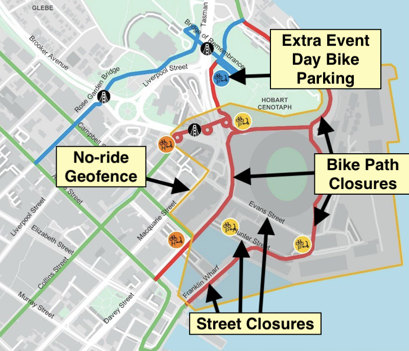 Map of the area around Macquarie Point, site of the planned new Hobart stadium. The maps shows the sites of planned changes to active transport infrastructure on event days including street & bike path closures, a shared mobility device no-ride geofence and extra bike parking.