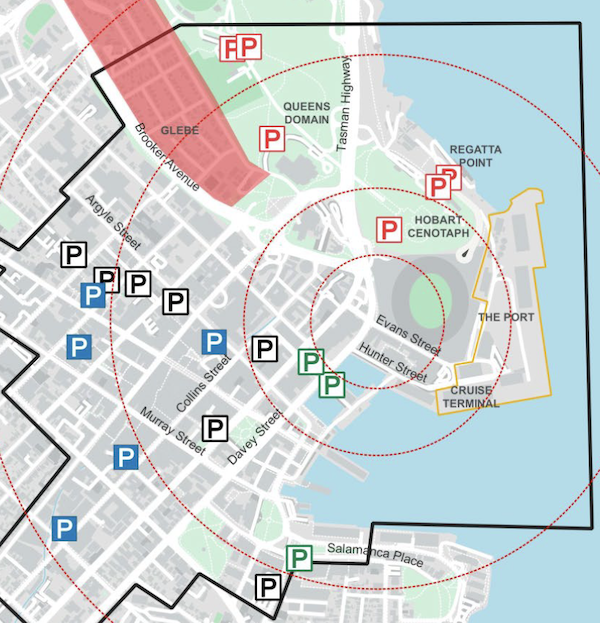 A map of the area around the stadium showing multiple parking sites in the CBD. Parking in the Cenotaph, Regatta Point and Domain areas is marked red.