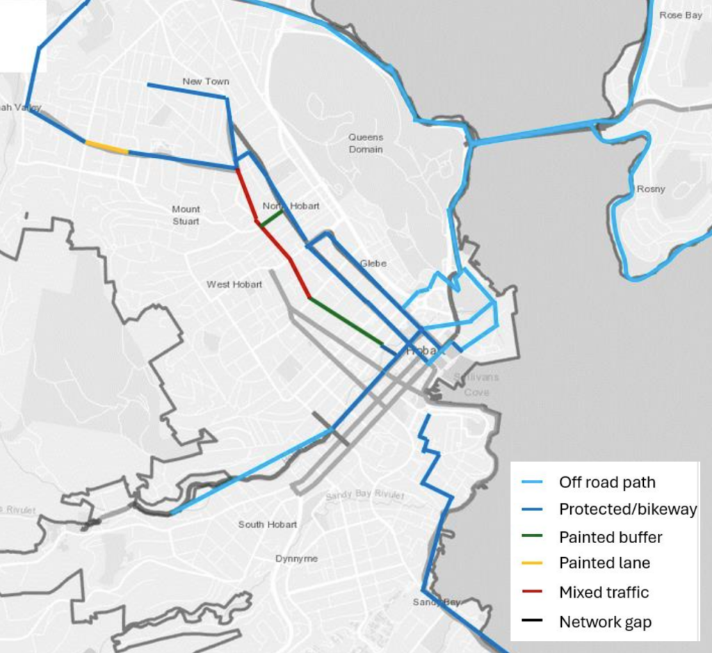 A map of Hobart showing the state of major cycle routes planned for when the stadium opens. Most of the network is shared path or protected on road bike lanes.