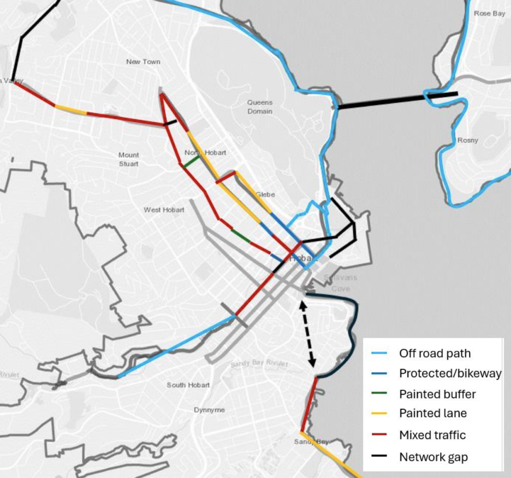 A map of Hobart showing existing state of major cycle routes. There are lots of gaps, mixed traffic and painted lanes.