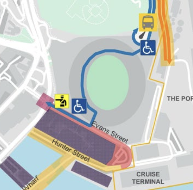 A map of the stadium with two disability drop off / pick up points marked. One is just north of the stadium at the event bus plaza, the other is just south of the stadium near Evans Street.