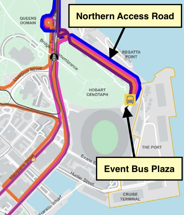 Map of the area around Macquarie Point, site of the planned new Hobart stadium. The map shows the routes for event buses converging on the Northern Access Road. That road exits the Tasman Highway, passes Regatta Point and terminates in an Event Bus Plaza just north of the stadium.