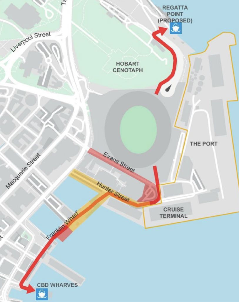 Map of the area around Macquarie Point, site of the planned new Hobart stadium. The map shows pedestrian routes. One route is south from the stadium along the waterfront to the CBD wharves. Another route is north to the proposed Regatta Point wharf.