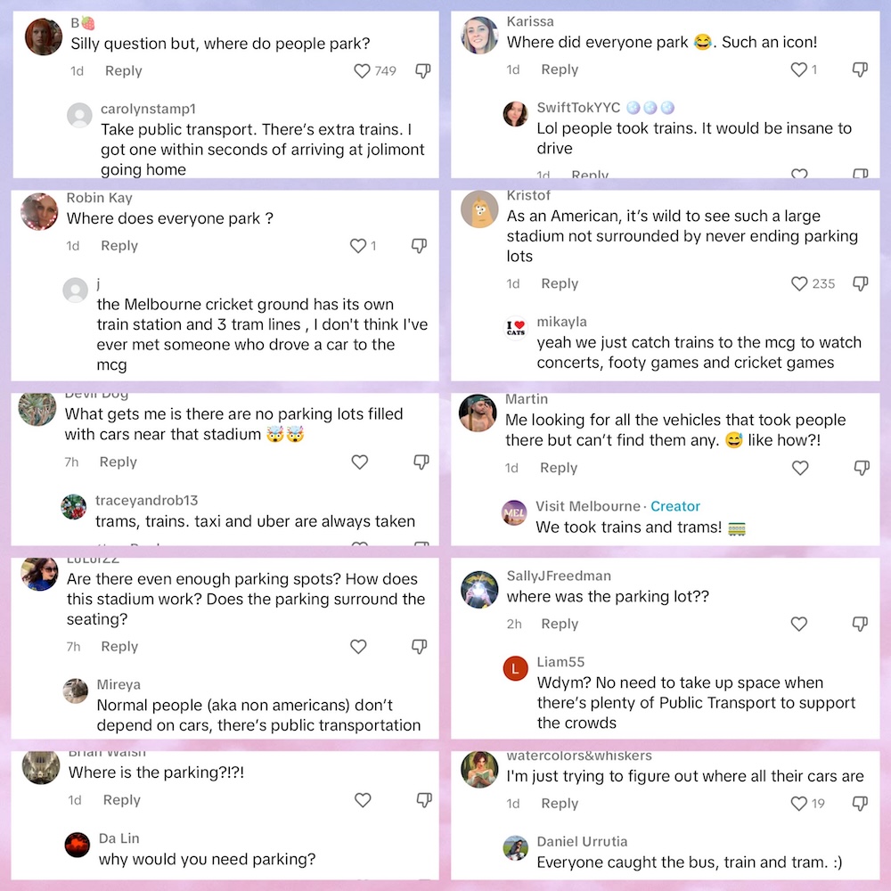 A montage of social media comments including "silly question but, where do people park?", "it's wild to see such a large stadium not surrounded by never ending parking lots" and "I'm just trying to figure out where all their cars are".