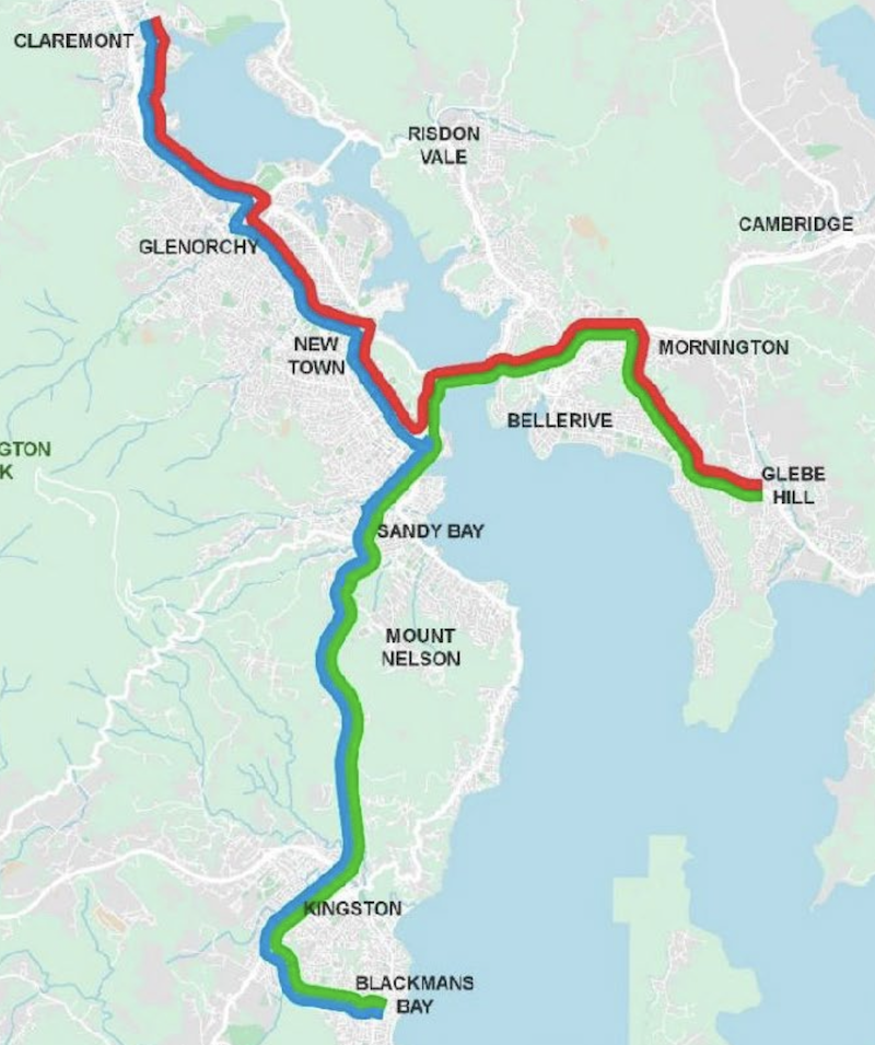 A map of Hobart showing the three routes proposed for a bus rapid transit network. A blue route connects Claremont in the north to Blackmans Bay in the south. A green route connects Blackmans Bay to Glebe Hill in the east. A red route connects Glebe Hilll to Claremont. All three routes travel via the city centre.