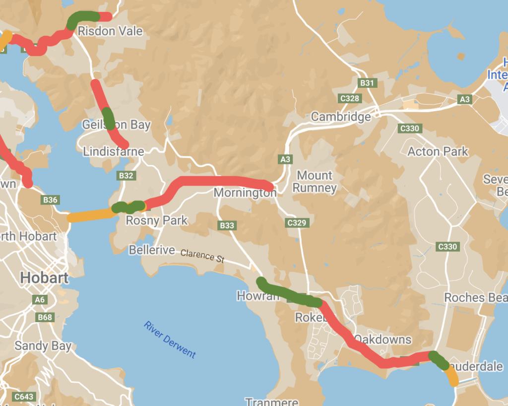 Map showing green, orange and red lines indicating bike paths on State Government roads in Clarence.