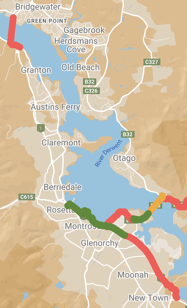 Map showing green, orange and red lines indicating bike paths on State Government roads in Glenorchy.