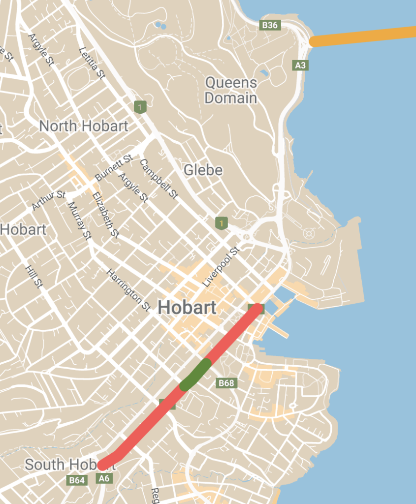 Map showing green, orange and red lines indicating bike paths on State Government roads in Hobart.