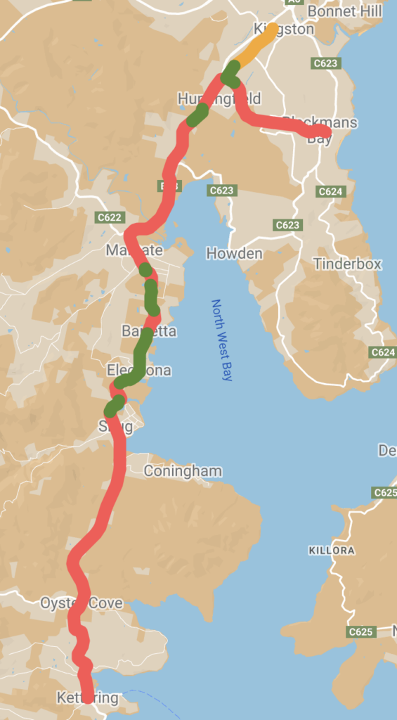 Map showing green, orange and red lines indicating bike paths on State Government roads in Kingborough.