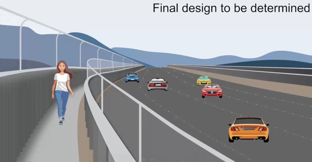 An artist impression of the existing Tasman Bridge path with added higher barriers. It's labeled "final design to be determined".