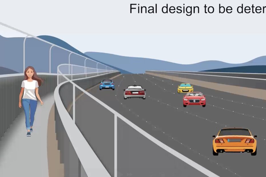 An artist impression of the existing Tasman Bridge path with added higher barriers. It's labeled "final design to be determined".