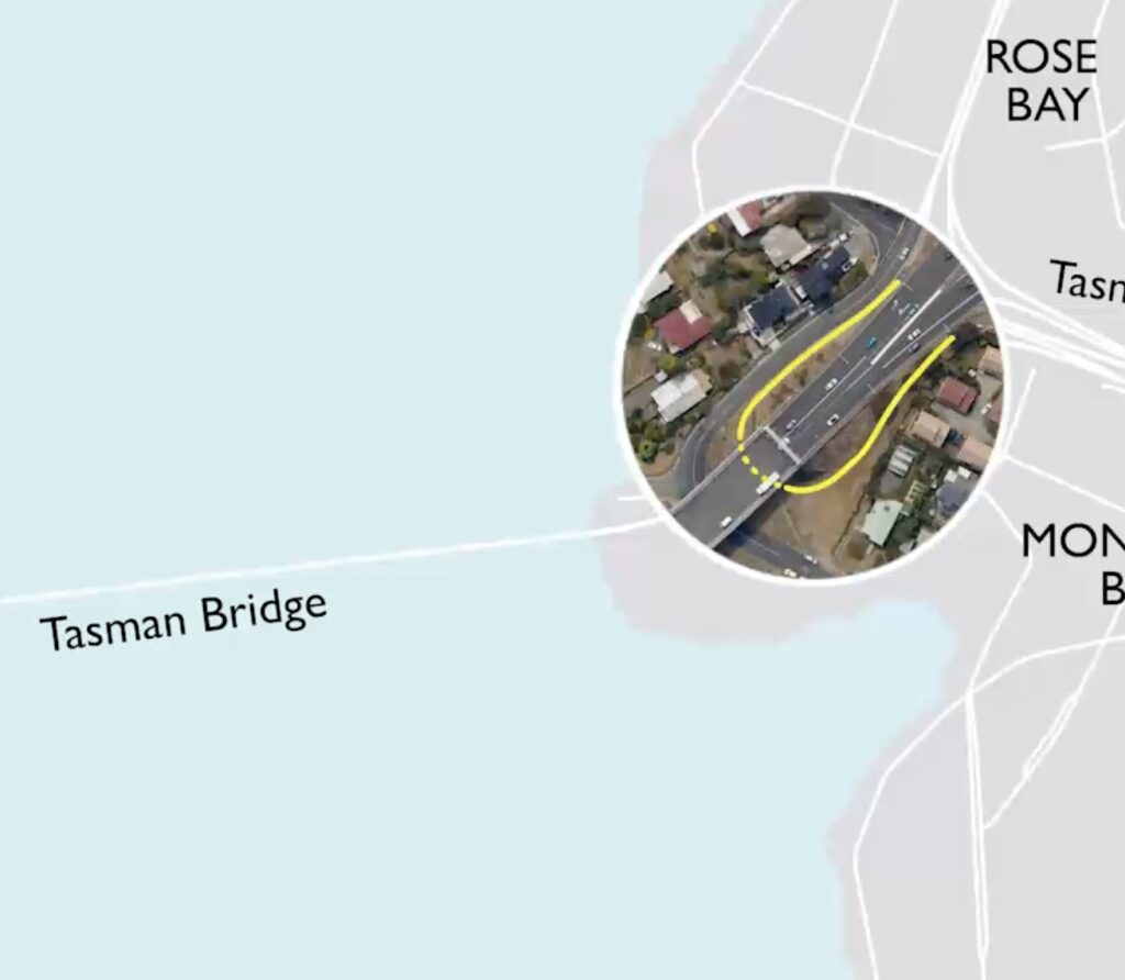 Map of the Tasman Bridge with photos overlayed at each end indicating improved connections.