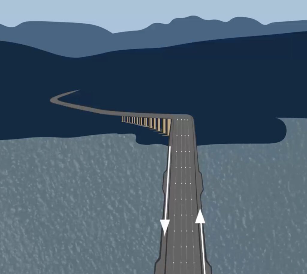 Graphic looking down on the Tasman Bridge with arrows along each side indicating the direction of one way paths.