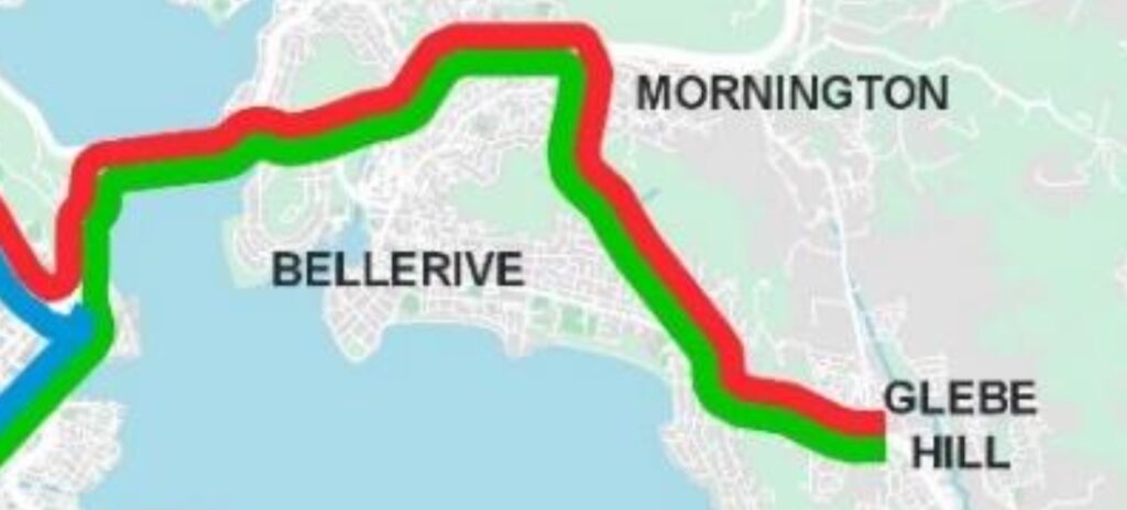 A map showing an indicative bus rapid transit route from Hobart east to Mornington and Glebe Hill.