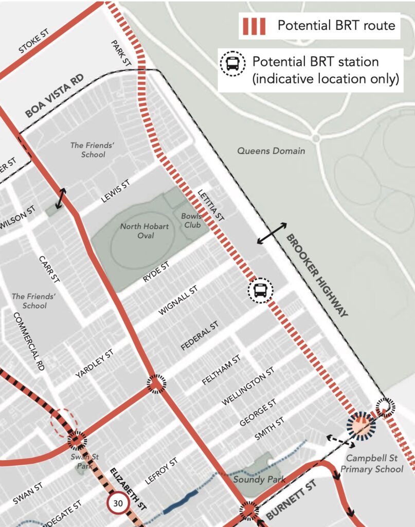 A map showing a potential bus rapid transit route down Letitia Street in North Hobart. A potential location for a bus rapid transit station is indicated in the vicinity of Federal Street.