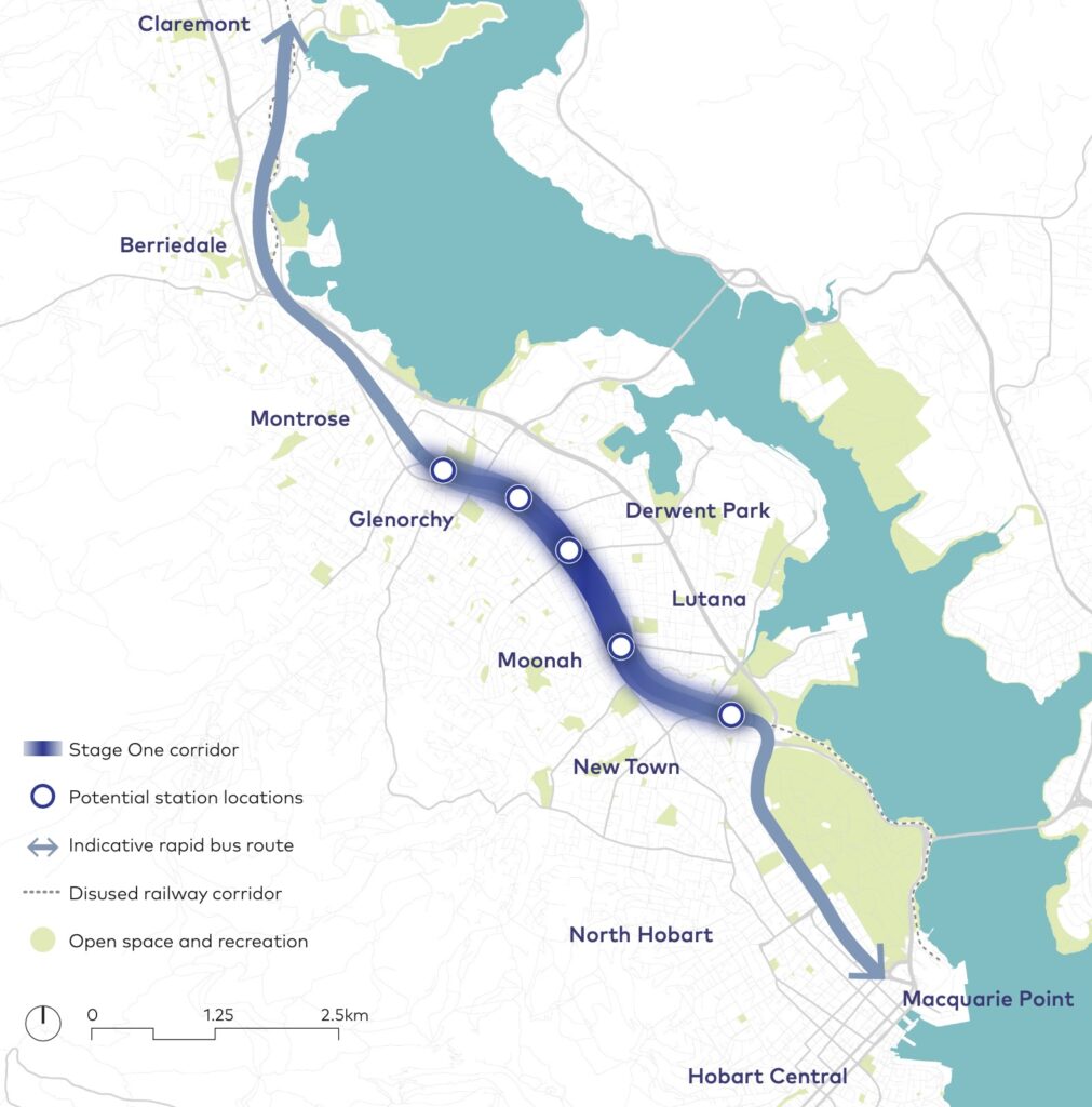 A map showing an indicative bus rapid transit route through Hobart's northern suburbs. Five potential station locations are marked along the central part of the route which is labelled the "stage one corridor".