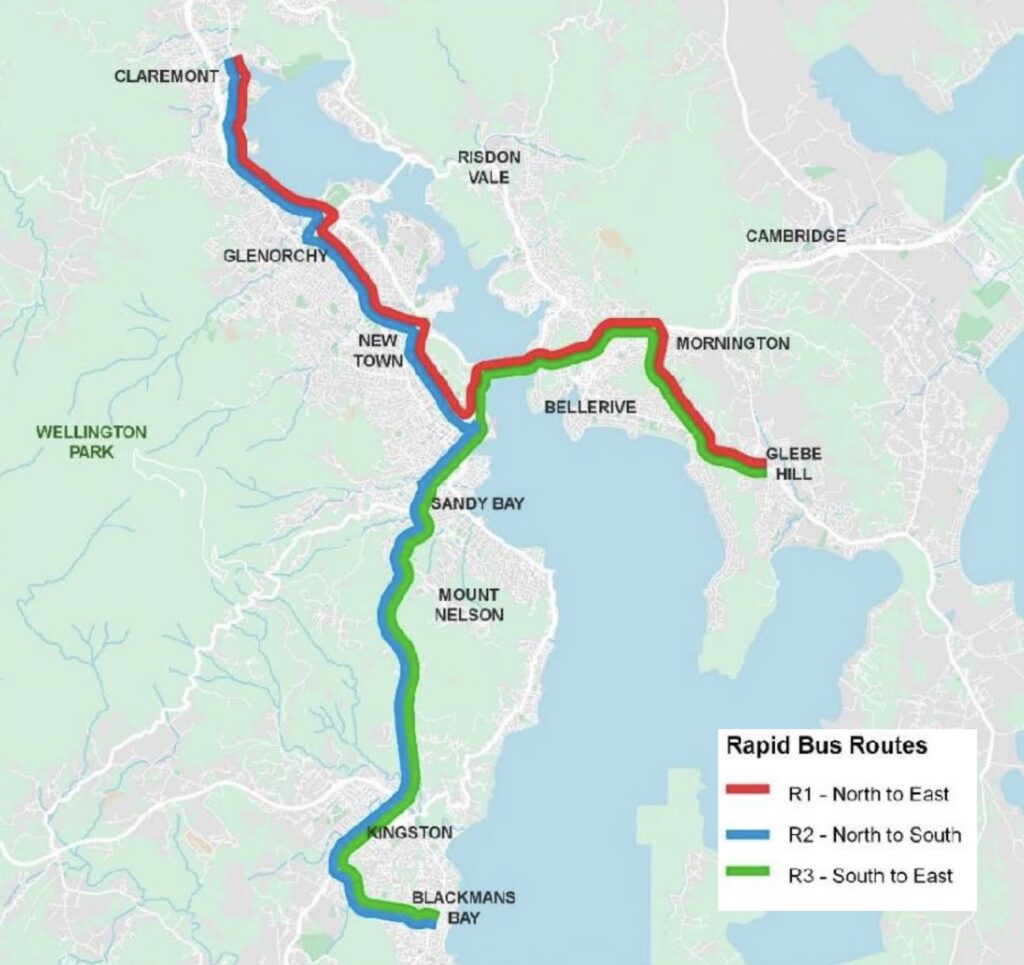 A map showing three rapid bus routes. Route 1 in red goes from Claremont in the north to Glebe Hill in the east via the CBD. Route 2 in blue goes from Claremont in the north to Blackman's Bay in the south via the CBD. Route 3 in green goes from Blackman's Bay in the south to Glebe Hill in the east via the CBD.