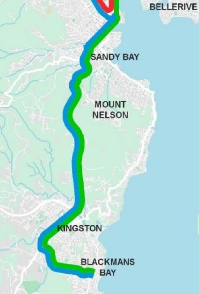 A map showing an indicative bus rapid transit route from Hobart south to Kingston and Blackman's Bay.