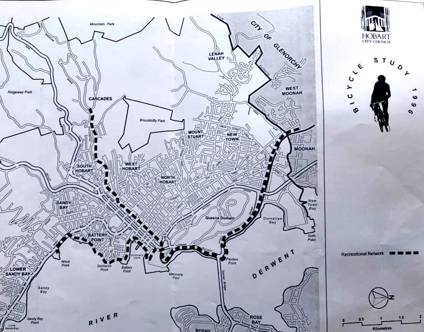 Map branded with an old Hobart City Council logo and labeled "Bicycle Study 1996". It shows a network of bike routes including a route from Cascades along the Hobart Rivulet then along Collins Street to Macquarie Point.