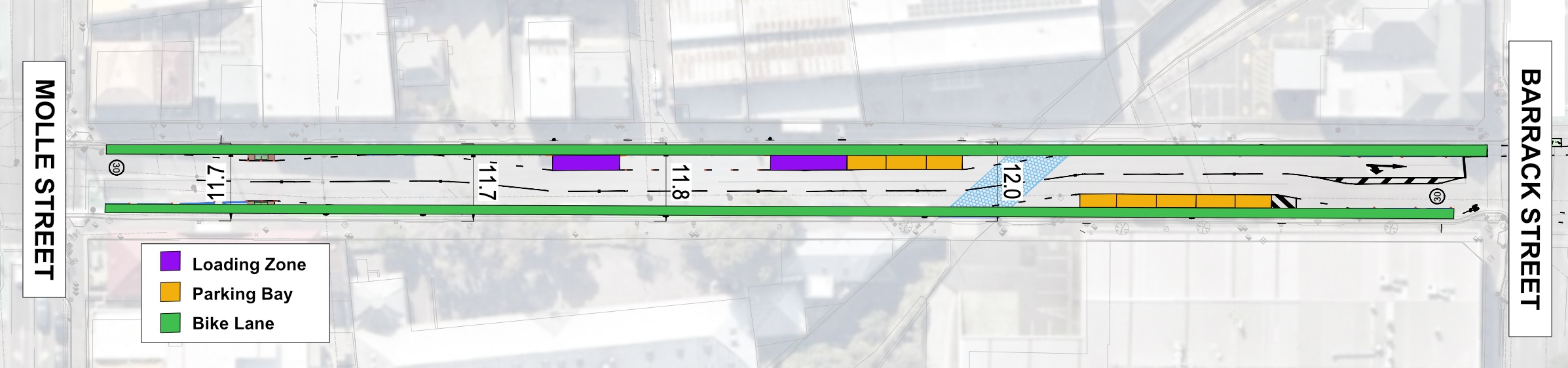 A diagram showing planned changes to Collins Street between Molle Street and Barrack Street