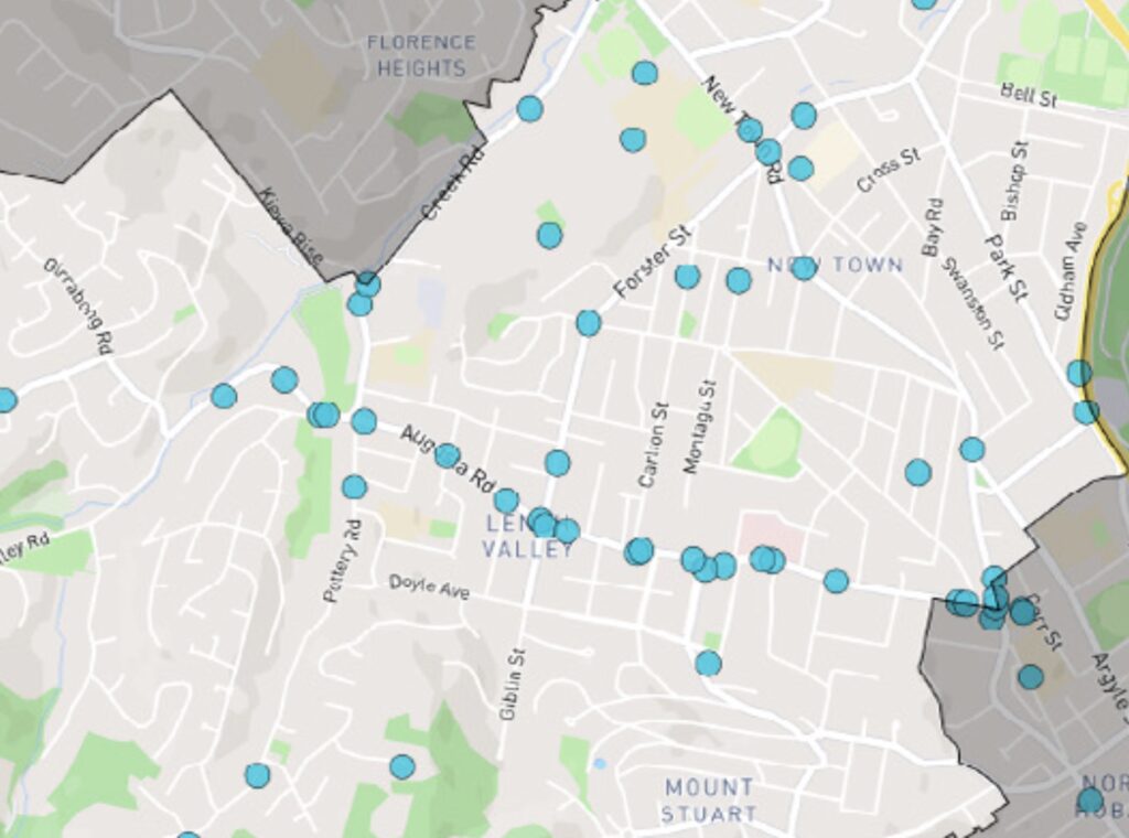 A map of Lenah Valley showing lots of blue dots. The highest concentration of dots is along Augusta Road.