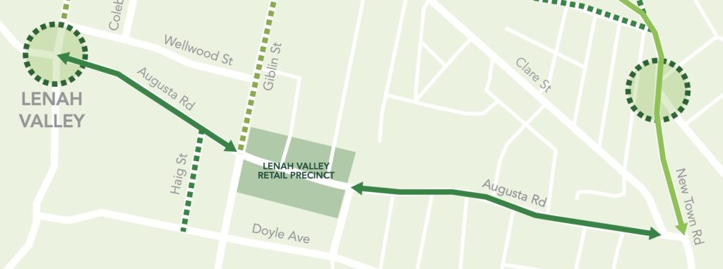 Map showing Augusta Road in Lenah Valley. Two sections of the road are marked with dark green — from Creek Road to Giblin Street and from Waverley Avenue to New Town Road.