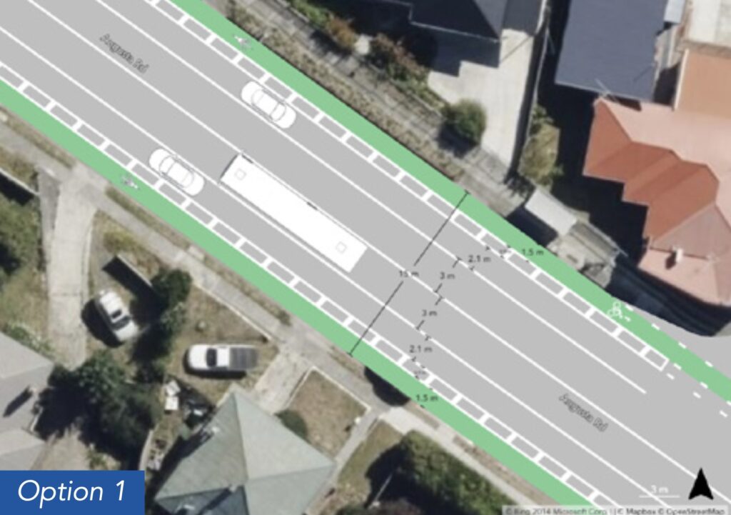 Overhead view showing a street with two footpaths, two buffered bike lanes, two parking lanes and two traffic lanes.