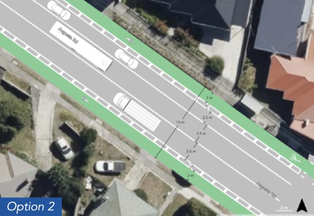 Overhead view showing a street with two footpaths, two buffered bike lanes, one parking lane and two traffic lanes.