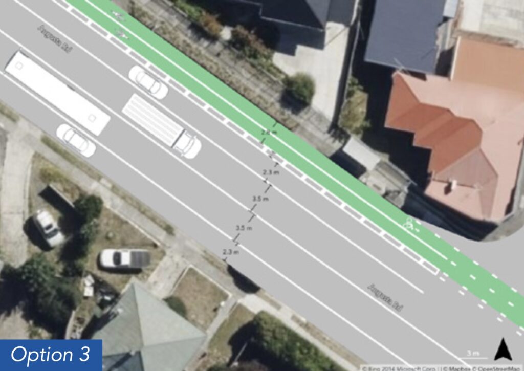 Overhead view showing a street with two footpaths, two parking lanes and two traffic lanes. There is a single bidirectional buffered bike lane.