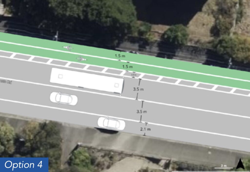 Overhead view showing a street with two footpaths, one parking lane and two traffic lanes. There is a single bidirectional buffered bike lane.