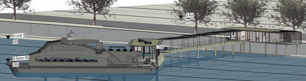 An artists impression of the new Sandy Bay ferry terminal jutting out from Sandy Bay Road. There's a ferry stopped at the terminal.