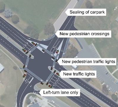 An overhead diagram showing a four way road intersection with traffic lights. There's multiple turning lanes including two slip lanes. There's pedestrian crossings marked across the roads.