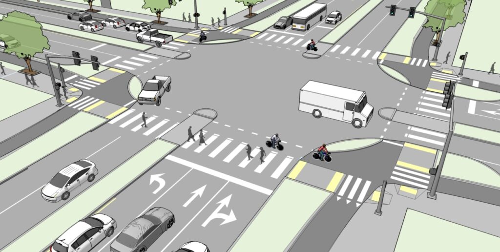 A diagram showing a four way intersection between two divided multilane roads. The intersection is controlled by traffic lights. There are protected bike lanes, pedestrian crossings and tight corners without slip lanes. The streets are full of people driving, walking and riding bikes.