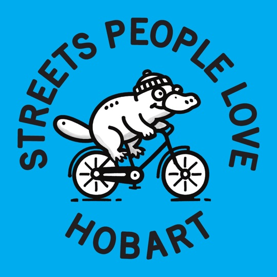 A white cartoon platypus wearing a beanie and riding a bike encircled by the words "Streets People Love Hobart" on a bright blue background